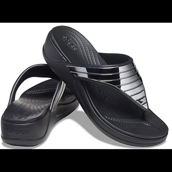 Women's crocs monterey metallic stripe wedge flip Clearance
